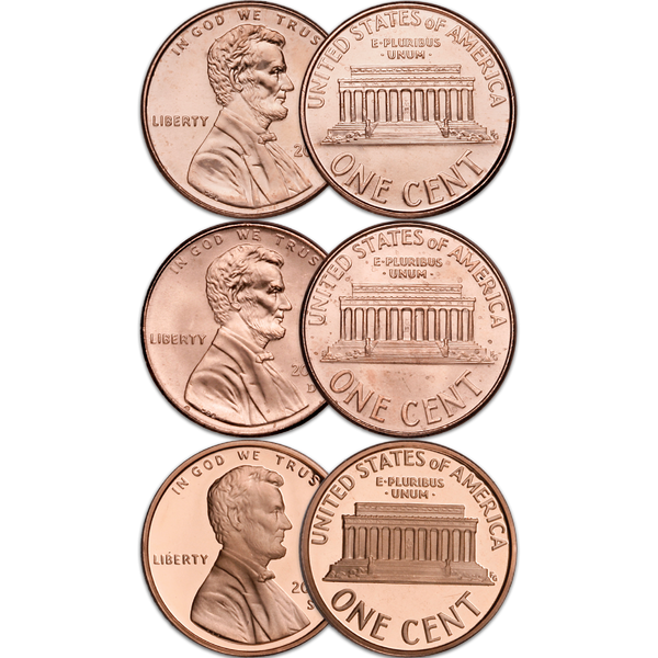 2007 PDS Lincoln Cent Set (3 Coins), Uncirculated/Proof