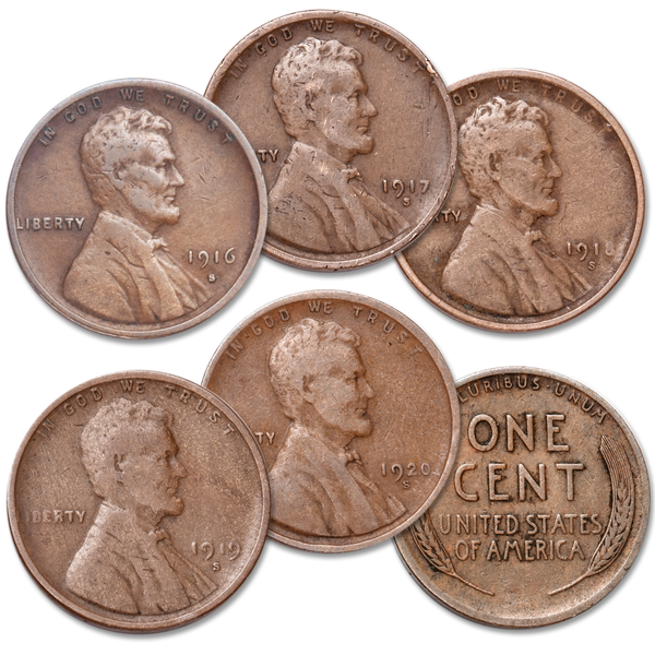 1916-1920 Five Consecutive "S" Mint Lincoln Wheat Cents