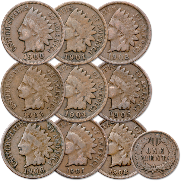 1900-1908 9 Consecutive Indian Head Cents