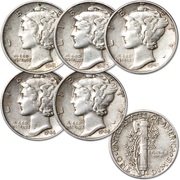 1941-1945 Mercury Silver Dime Year Set, Extra Fine