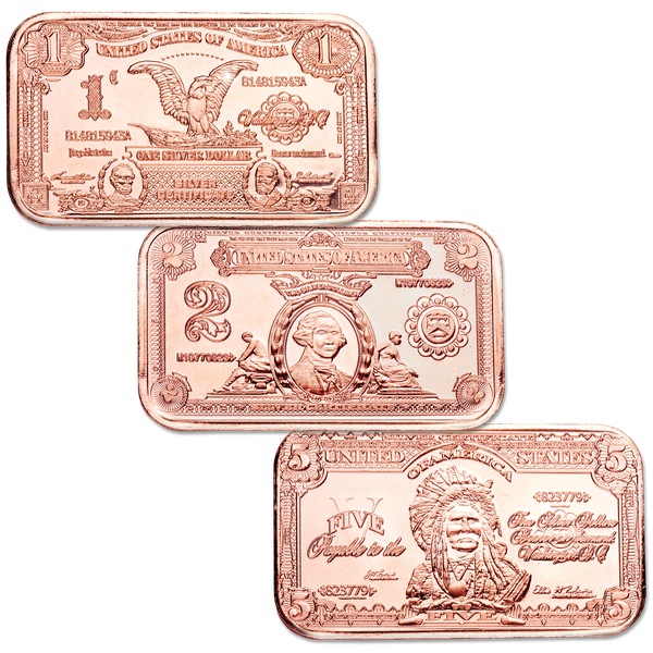 Three 1 oz. Copper Currency Ingots
