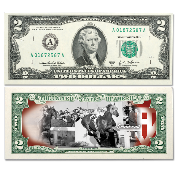 Colorized The Sport of Kings $2 Federal Reserve Note - Seabiscuit
