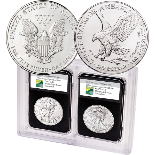 1986 First Heraldic Eagle and & 2021 First Landing Eagle Reverse Silver Eagle Set