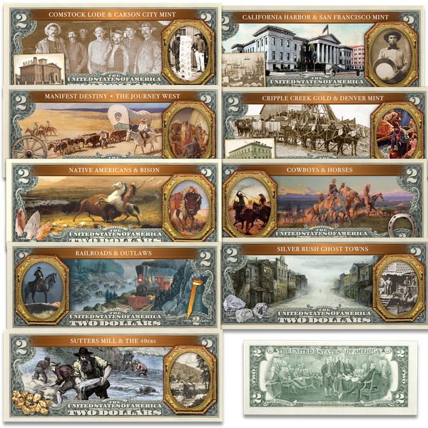 Complete Spirit of the American Old West Colorized $2 Note Set with Folder