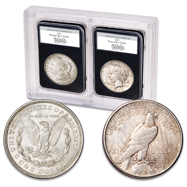 1921 Morgan & 1921 Peace Dollar Set in 100th Anniversary Holders