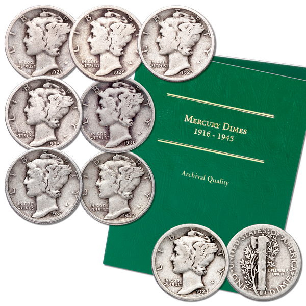 1923-1939 Mercury Silver Dime Set with Folder