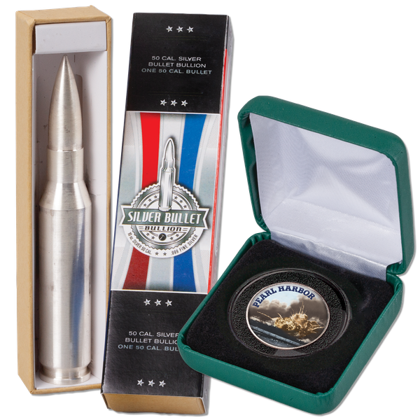 10 oz. Silver Bullet with Colorized Pearl Harbor Kennedy Half Dollar