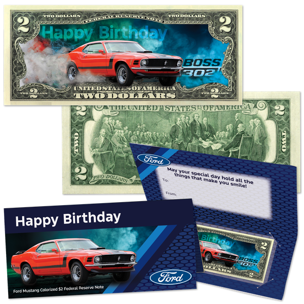 Colorized Happy Birthday $2 Note - Ford Mustang