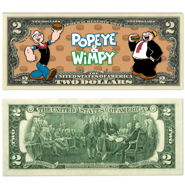 Popeye® and Wimpy™ $2 Colorized Note with Holder | Littleton Coin
