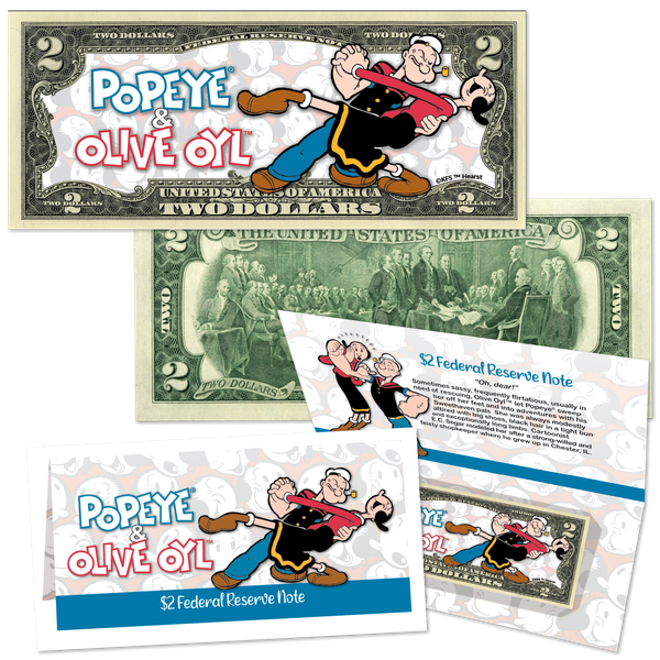 Popeye® and Olive Oyl™ Colorized $2 Note with Holder | Littleton