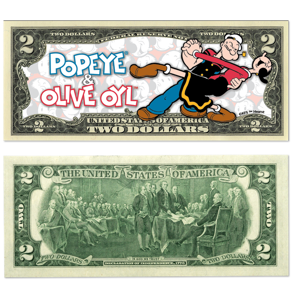 Popeye® and Olive Oyl™ Colorized $2 Note with Holder | Littleton
