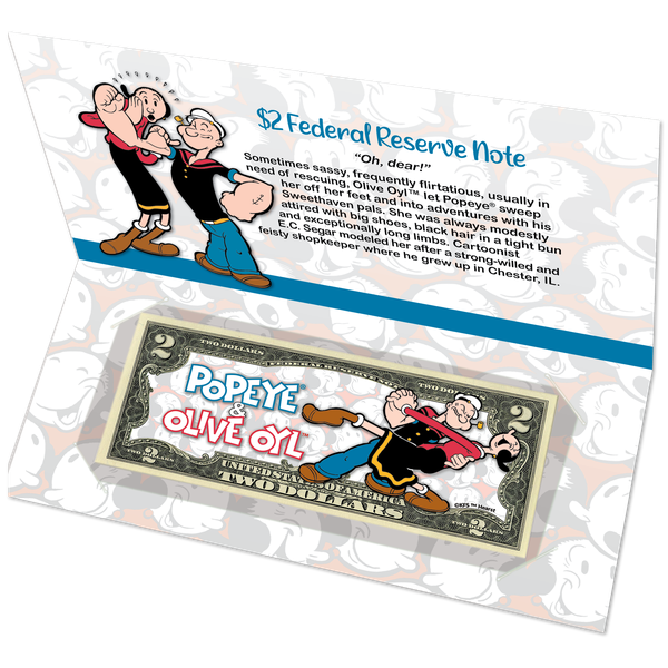 Popeye® and Olive Oyl™ Colorized $2 Note with Holder | Littleton