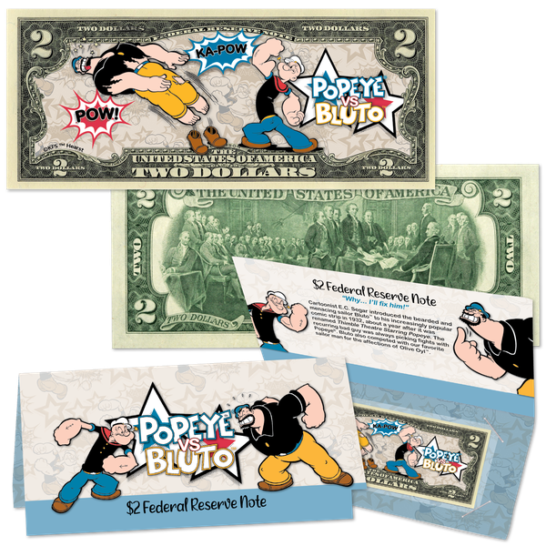 Popeye® vs. Bluto™ $2 Colorized Note with Holder | Littleton Coin