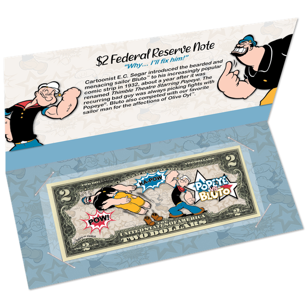 Popeye® vs. Bluto™ $2 Colorized Note with Holder | Littleton Coin