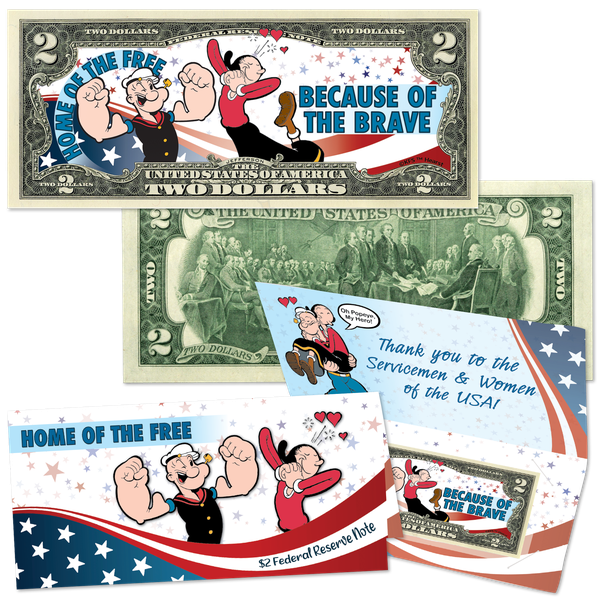 Patriotic Popeye® & Olive Oyl™ $2 Colorized Note in Card Holder