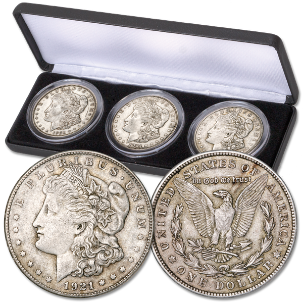 1921 PDS Morgan Silver Dollar Set (3 coins) with Case
