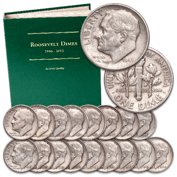 1946-1964 Complete Silver Roosevelt Dime Year Set with Album