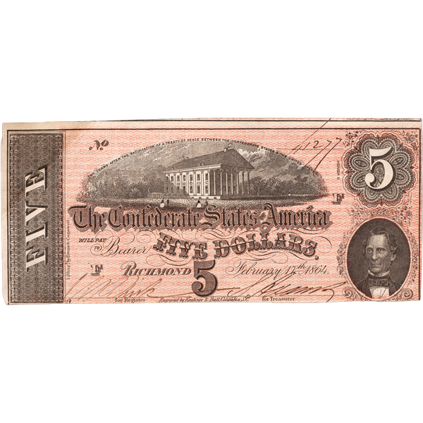 Sold at Auction: 1864 State of Georgia Five Dollar Bill