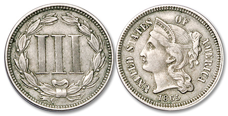 [photo: Obverse and reverse of 1865 nickel three-cent piece]