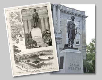 [photo: Unveiling ceremony for Daniel Webster statue from the June 26, 1886 issue of the weekly<br />
FRANK LESLIE'S ILLUSTRATED NEWSPAPER (left) and photo of that same statue today (right)]