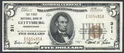 [photo: Small-size $5 National Bank Note, Series of 1929, from First National Bank of Gettysburg (PA)]