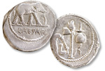 [photo: Julius Caesar silver denarii]
