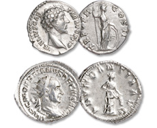 [photo: Marcus Aurelius silver denarius and Trajan Decius silver antoninianus]