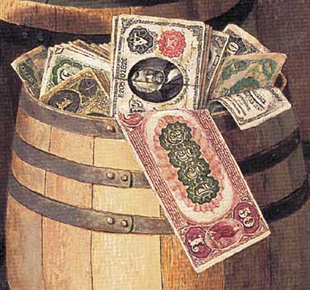 Portion of the trompe l'oeil painting, Barrels of Money, by Victor Dubreuil