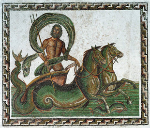 [photo: Neptune driving a chariot of hippocamps (Roman mosaic)]
