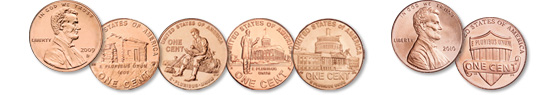 The bicentennial reverse designs of 2009 depict Lincoln's Birthplace, Formative Years, Professional Life and Presidency. The Shield reverse, featuring a union shield, was introduced in 2010 to replace the long-running Memorial reverse of 1959-2008 and the special anniversary reverse designs of 2009.