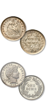 [photo: The Liberty Seated dime, above, and Charles Barber's Liberty Head dime. Both bear the same reverse design.]
