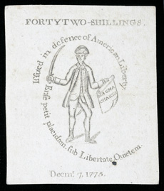 [photo: 1775 Massachussetts Bay 42 Shilling Colonial Note]