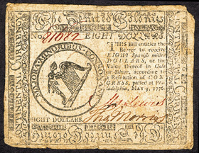 [photo: 1776 $8 Continental Note, face]