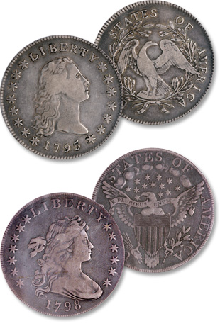 [photo: Flowing Hair and Draped Bust dollars were the first silver dollars struck by the U.S. Mint during the nation's early years]