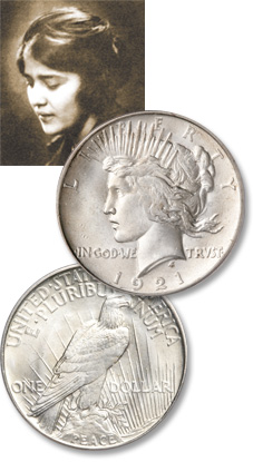 [photo: The portrait of Liberty on the Peace dollar's obverse was modeled after designer Anthony de Francisci's wife, Teresa.]