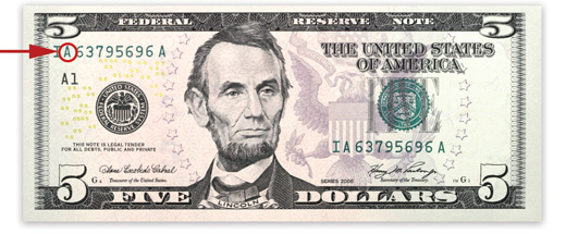 [photo: Series 2006 $5 Federal Reserve Note]