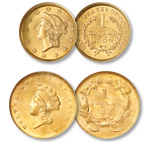 Liberty Head gold dollar and Indian Princess gold dollar