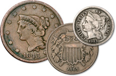 [photo: From top right: the U.S. Half Cent, Two-Cent Piece, Silver Three-Cent Piece and Half Dime]