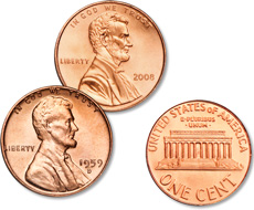[photo: From top right: the U.S. Half Cent, Two-Cent Piece, Silver Three-Cent Piece and Half Dime]