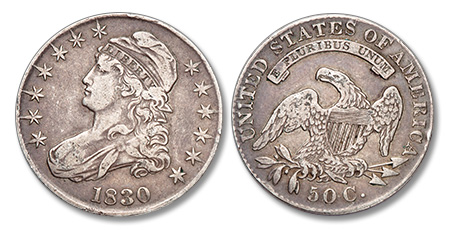 [photo: Obverse and reverse of an 1830 half dollar from our purchases]