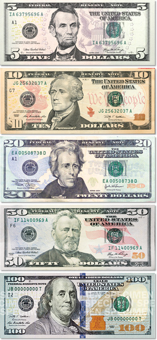 New color designs for denominations of $5-$100
