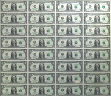 An uncut sheet of 32 $1 bills