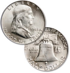 [photo: The obverse of the Franklin half dollar features Ben Franklin, while the famous Liberty Bell is shown on the reverse.]