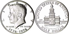 [photo: Kennedy halves produced during 1975 and 1976 carry the special Bicentennial dating.]
