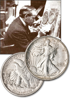 [photo: The Liberty Walking half dollar obverse design was created by renowned New York sculptor Adolph A. Weinman.]