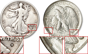 [photo: The mint mark was first located below the motto IN GOD WE TRUST (left). Then, in 1917, it was moved to the reverse (center). The designer's initials are also on the reverse (far right).]