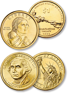 [photo: America's golden dollar series, the Native American and Presidential dollars]