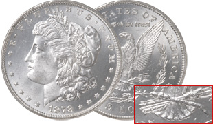 1878 Morgan Dollar, 7 Over 8 Tail Feathers Reverse