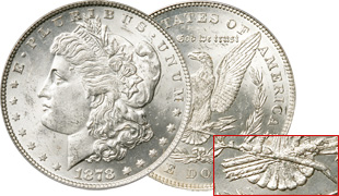 1878 Morgan Dollar, 7 Tail Feathers Reverse
