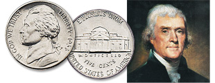 [photo: Thomas Jefferson, author of the Declaration of Independence, is featured on the Jefferson nickel.]